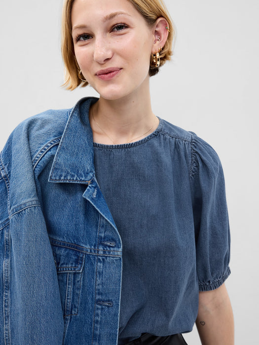 Puff Sleeve Denim Top with Washwell