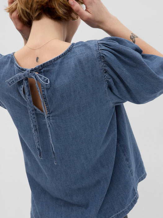 Puff Sleeve Denim Top with Washwell